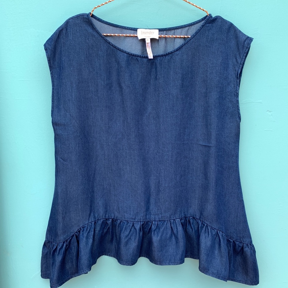 LAUNDRY By SHELLI SEGAL sleeveless chambray top blouse ruffles size 6